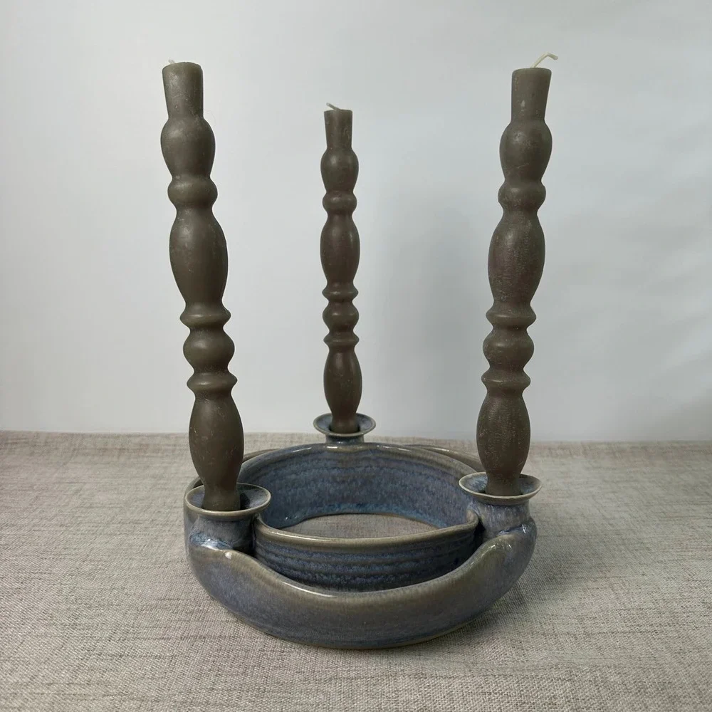 Signed Studio Pottery Triple Candle Holder Blue Gray Glazed Stoneware Pottery